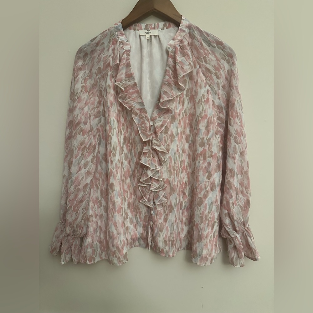 Entro Ruffle Front Long Sleeve Blouse Pink Beige Abstract Print Size M